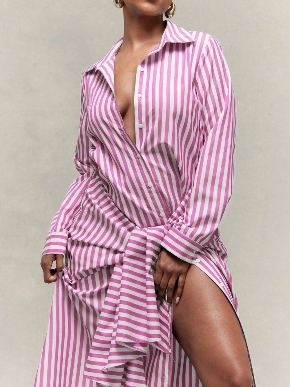 Pink Casual Women's Lightweight Woven Cinched Tie Waist Stripe Maxi Shirt Dress - Picture 5 of 5